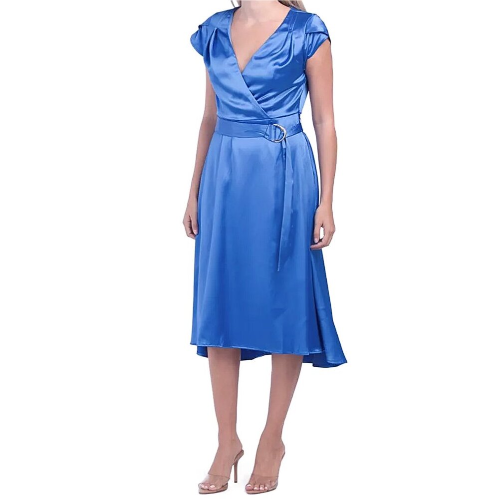 TAHARI ASL | CAP SLEEVES V-NECK STRETCH BELTED SATIN MIDI DRESS BLUE SIZE 4, 8